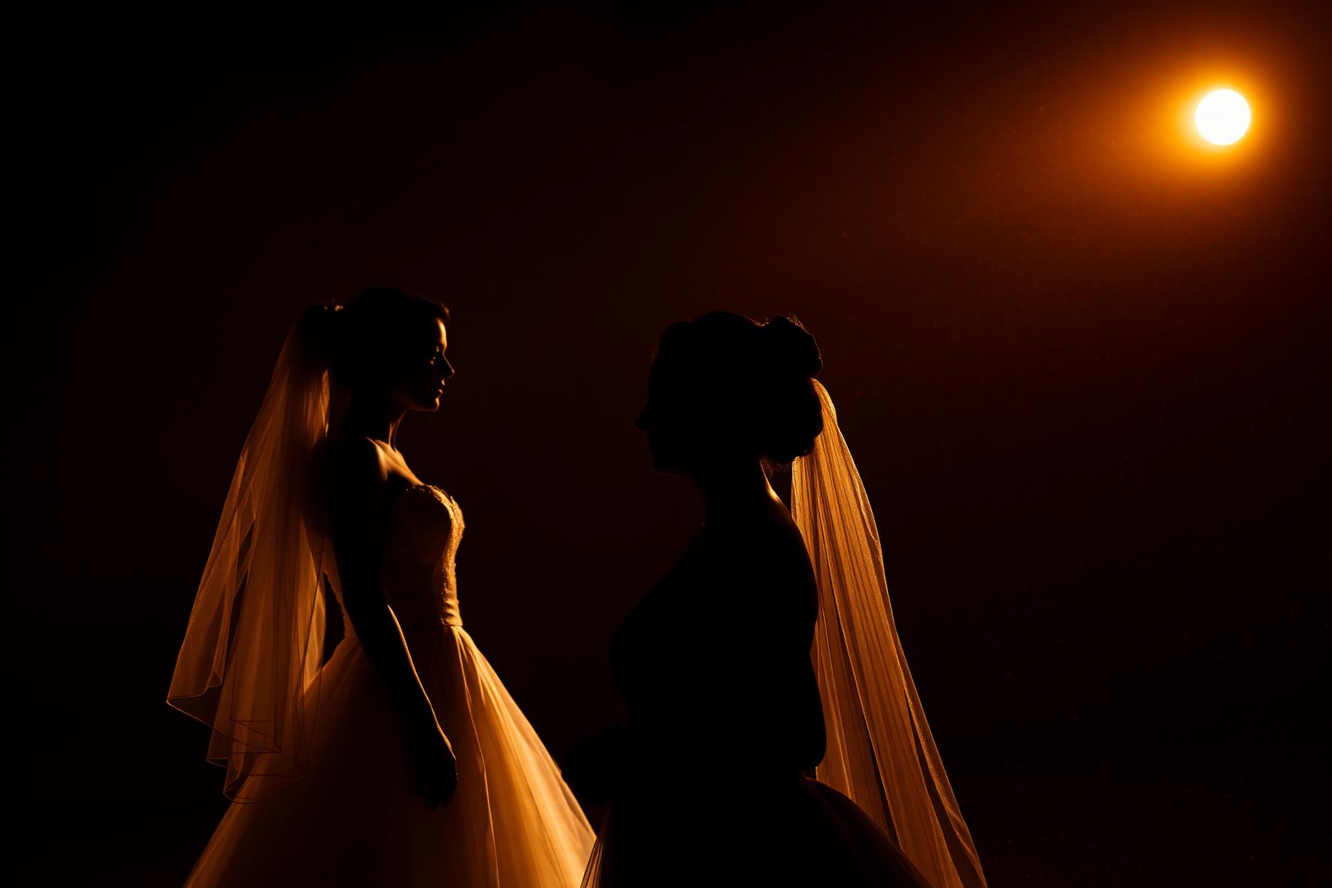 Editorial silhouettes of bride and model in golden light